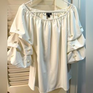 Beautiful White Dress Blouse with puffy sleeves and pearl embellishment NWOT